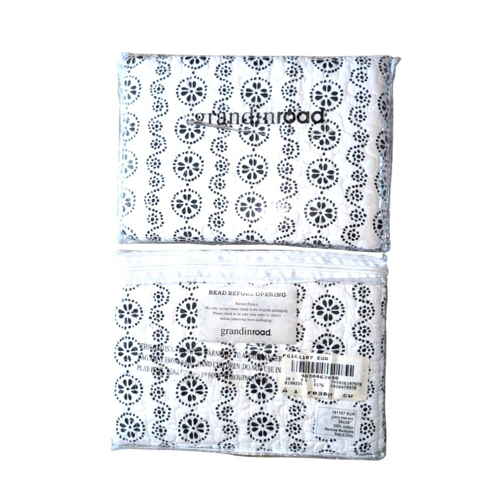Grandin Road Quilted One Euro Sham Cover Black White Giverny 26 x 26